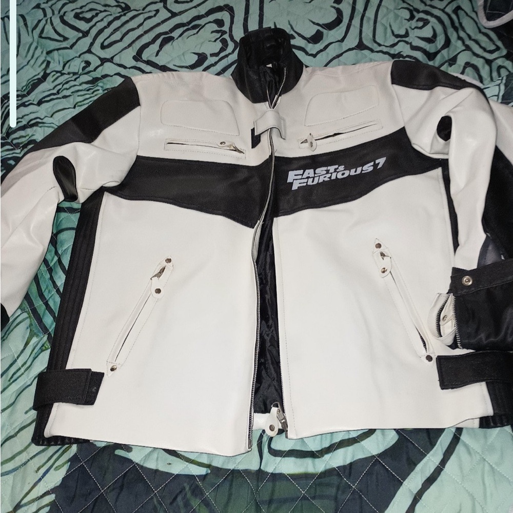 Fast and furious 7 white and black leather motorcycle jacket